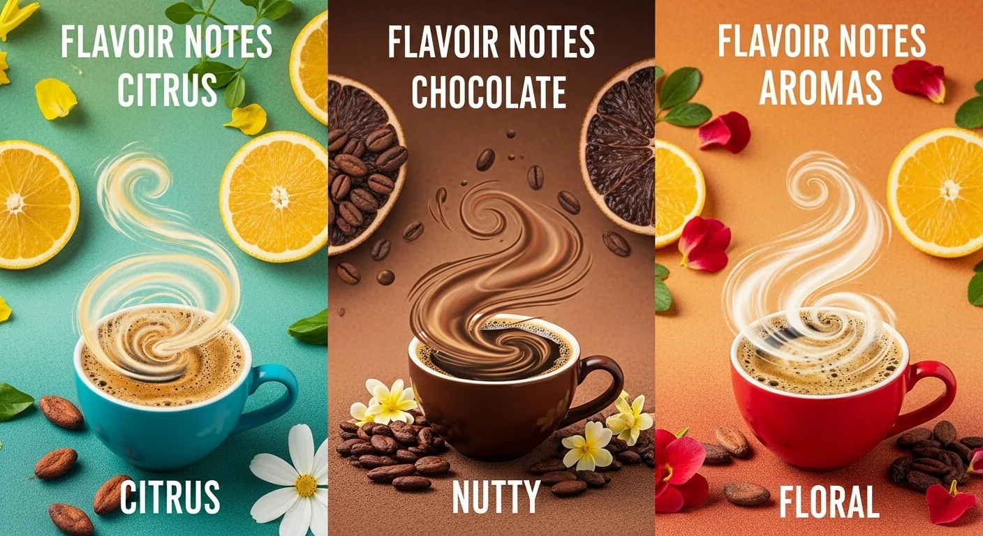 125+ Coffee Riddles with Answers: A Brew of Brain Teasers for Coffee Lovers 12 Three coffee cups showing different flavor profiles - citrus, chocolate, and floral aromas with ingredient