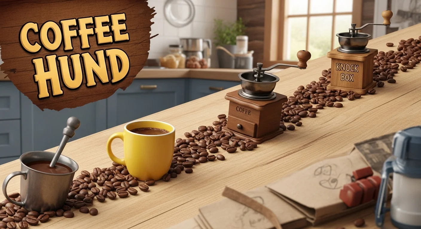 125+ Coffee Riddles with Answers: A Brew of Brain Teasers for Coffee Lovers 9 Coffee Hund logo with manual coffee grinders and scattered beans on wooden kitchen counter