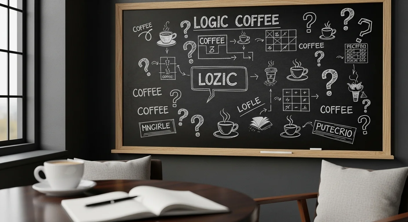 125+ Coffee Riddles with Answers: A Brew of Brain Teasers for Coffee Lovers 4 Chalkboard displaying coffee-themed logic puzzles and brain teasers with diagrams and question marks