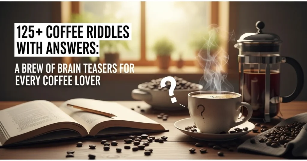 Coffee riddles book cover featuring steaming cup, French press, and coffee beans with question marks on wooden table