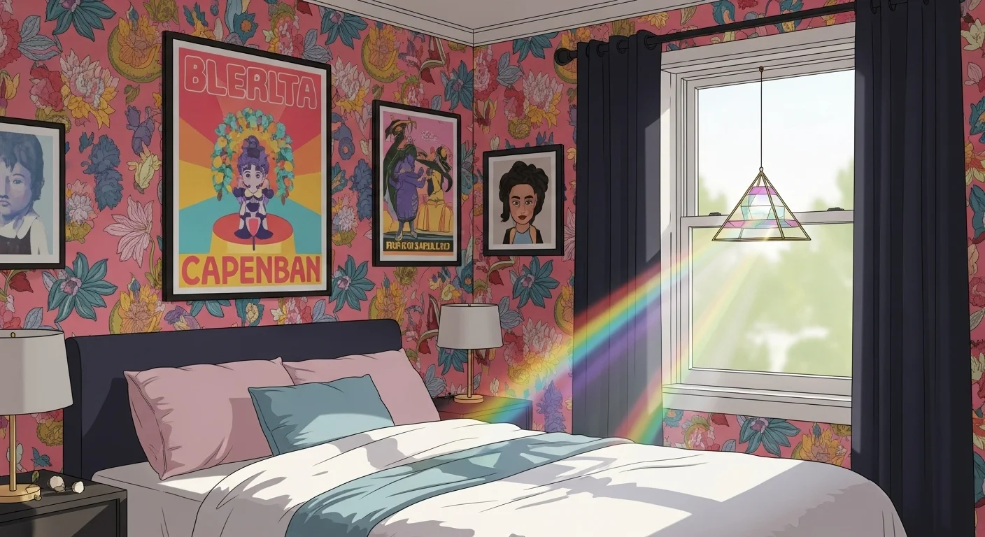 125+ Bedroom Riddles with Answers: Fun and Engaging Puzzles 10 Vibrant bedroom with pink floral wallpaper, colorful artwork, and rainbow light streaming through window