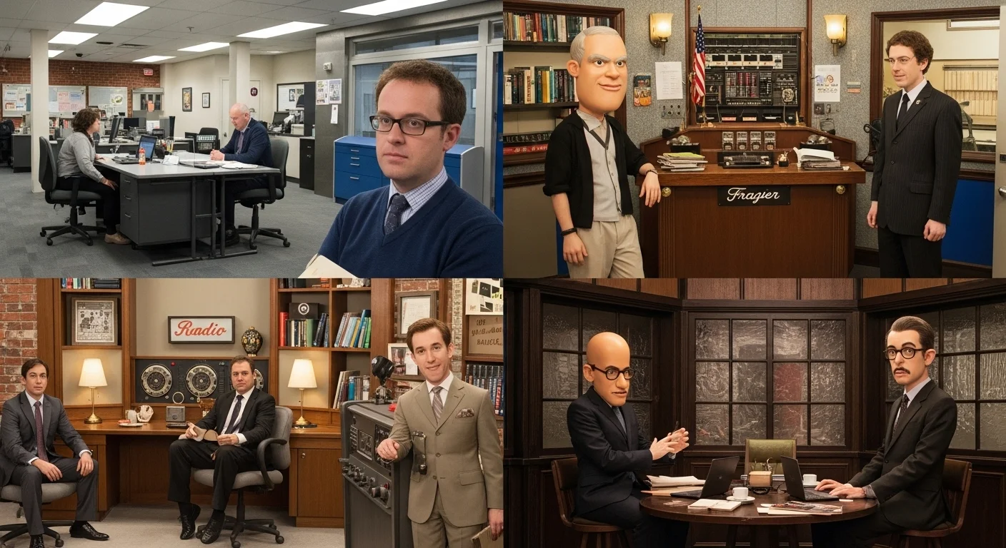 125+ Television Riddles to Test Your Show Knowledge (Answers) 8 Multiple office and workplace comedy TV show scenes showing characters in business suits, reception desks, meeting rooms and radio station settings