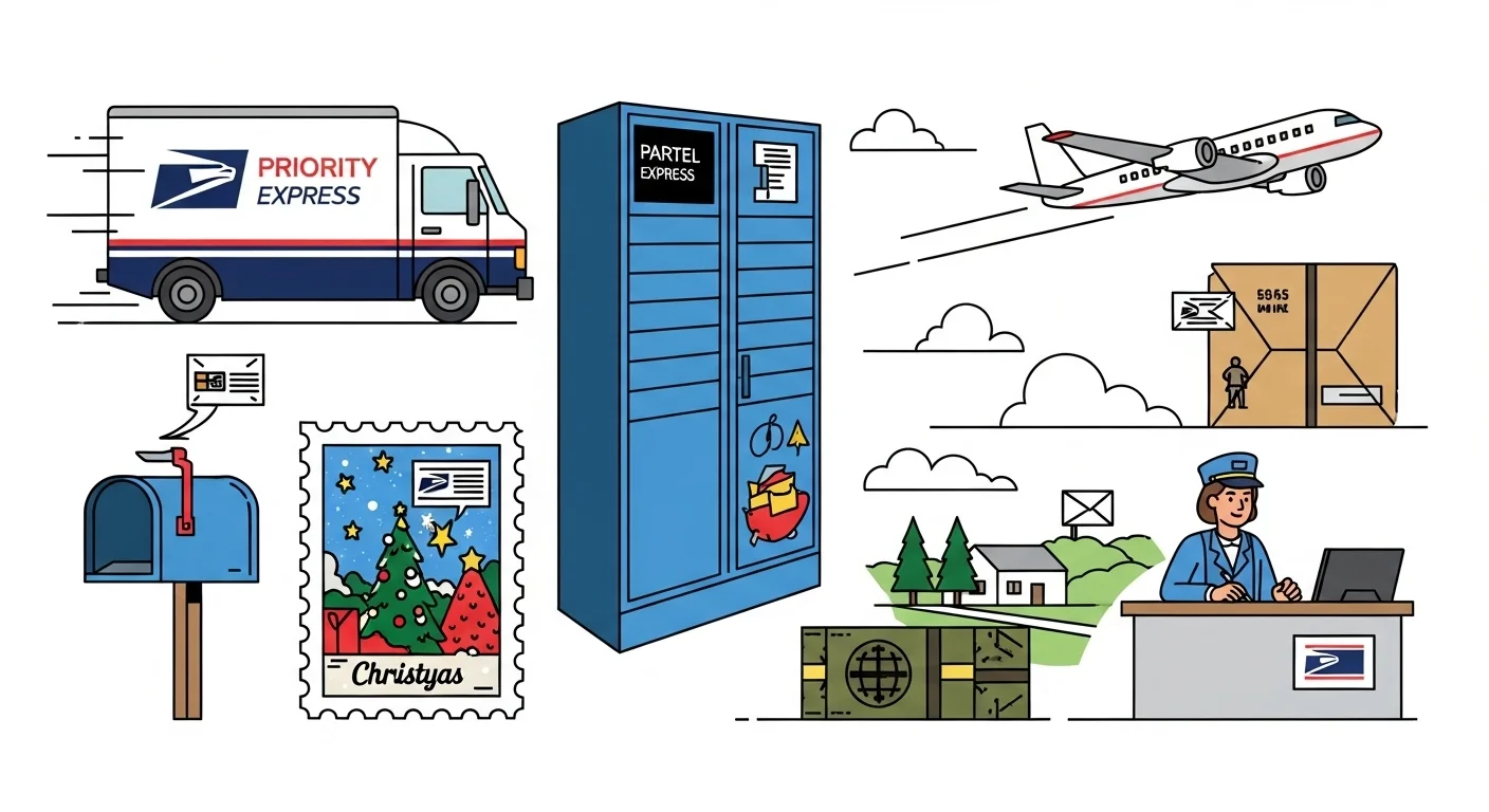 125+ Post Office Riddles to Deliver a Challenge (with Answers!) 6 Various mail delivery methods including Priority Express truck, Parcel Express lockers, airplane, Christmas stamp, mailbox, and postal worker at desk
