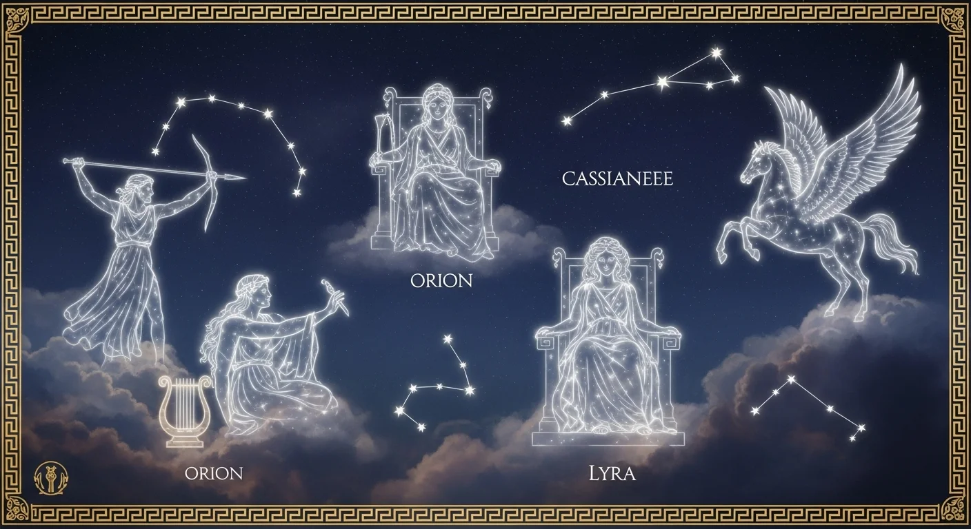 125+ Shining Stars Riddles with Answers: Starry Night Puzzles 10 Classical constellation map showing Orion, Cassiopeia, Lyra and Pegasus constellations with mythological figures and star patterns