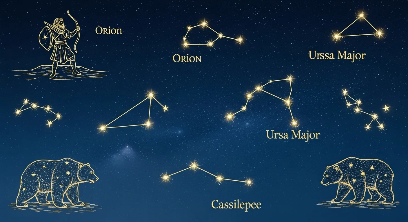 125+ Galaxy Riddles to Spark Your Cosmic Curiosity 5 Star constellation map showing Orion hunter, Ursa Major bear, and Cassiopeia with golden connecting lines against night sky