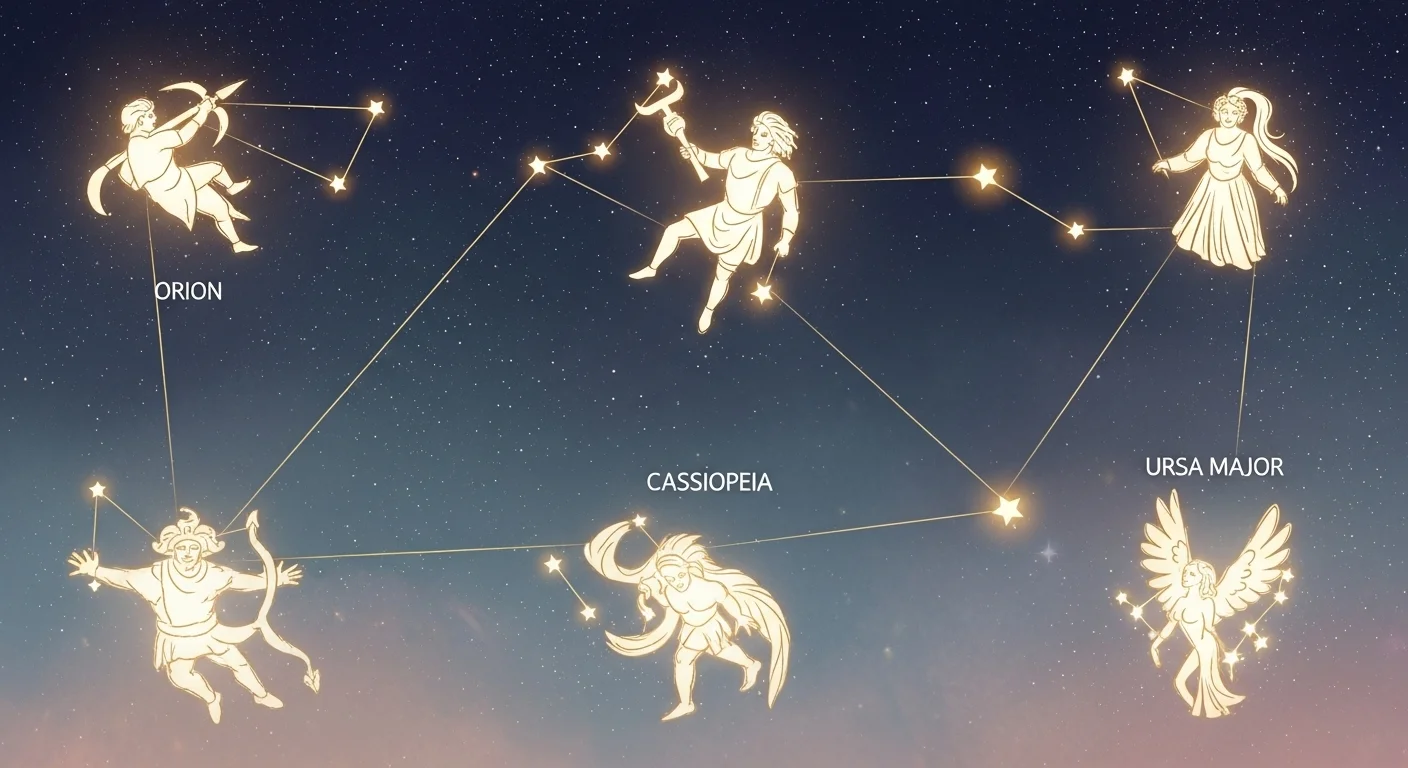 125+ Shining Stars Riddles with Answers: Starry Night Puzzles 4 Classical constellation map showing mythological figures of Orion, Cassiopeia, and Ursa Major against starry night sky