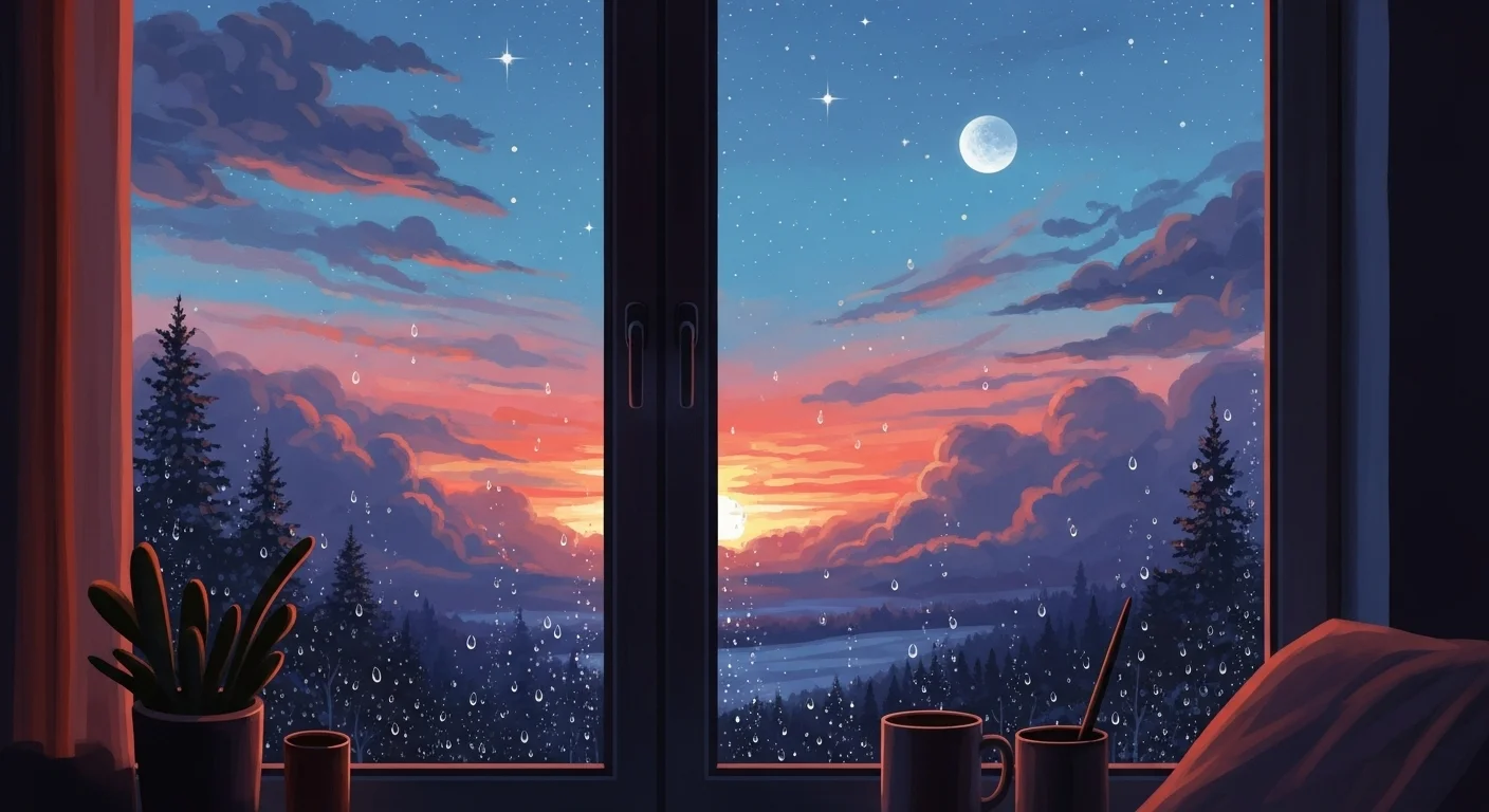 125+ Bedroom Riddles with Answers: Fun and Engaging Puzzles 4 Peaceful bedroom window view during rainy evening with colorful sunset, mountains, and cozy indoor setting