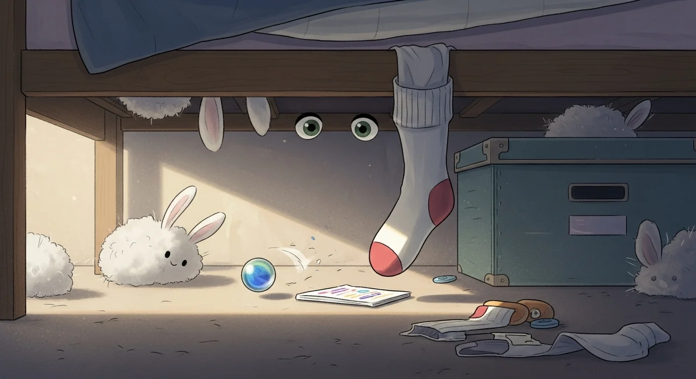 125+ Bedroom Riddles with Answers: Fun and Engaging Puzzles 11 Whimsical under-bed space with stuffed bunny, elephant, and cozy reading area with warm lighting