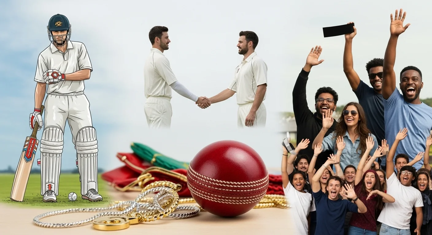 150+ Cricket Riddles with Answers: Test Your Knowledge and Have Fun! 13 Cricket equipment including red leather ball and gear alongside players shaking hands and celebrating fans showing cricket culture