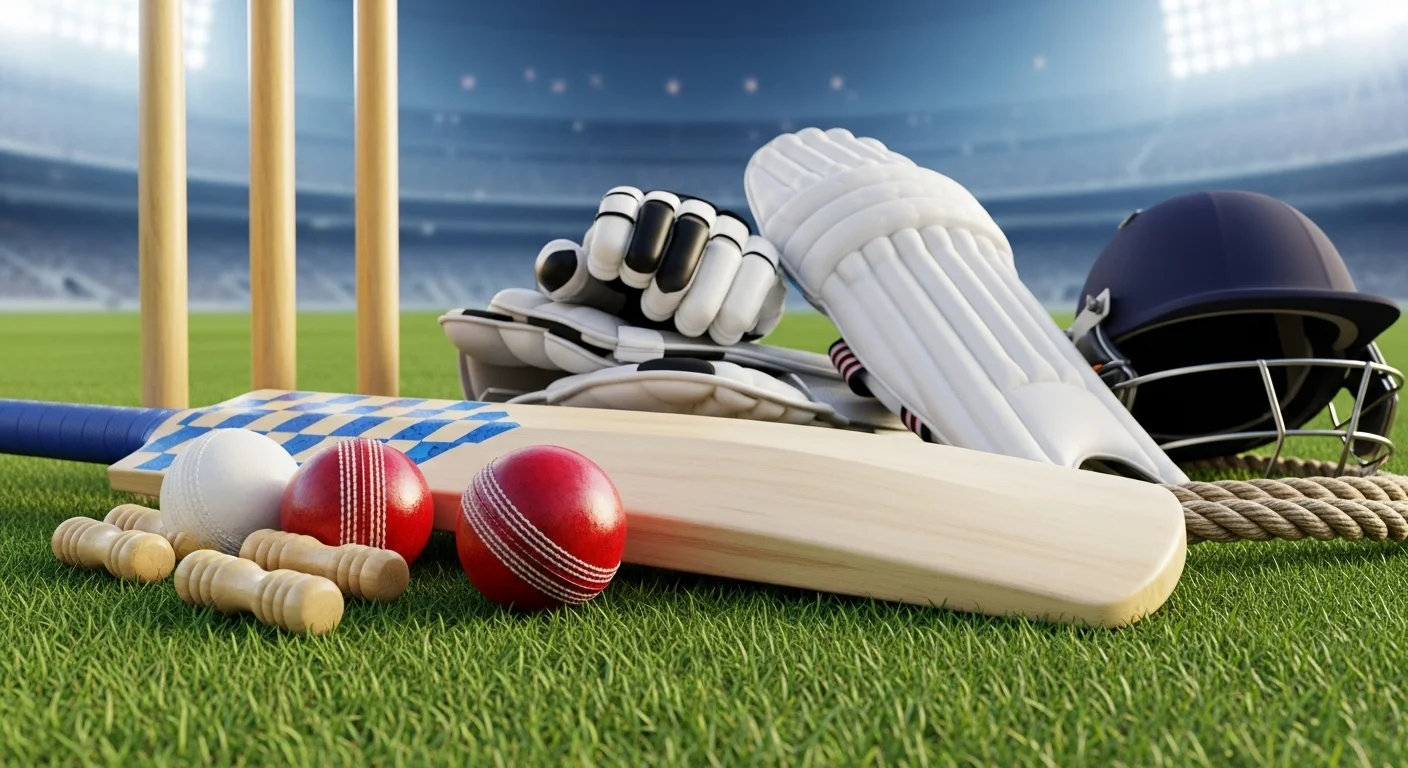 150+ Cricket Riddles with Answers: Test Your Knowledge and Have Fun! 1 Professional cricket equipment including bat, balls, gloves, pads and helmet arranged on grass field
