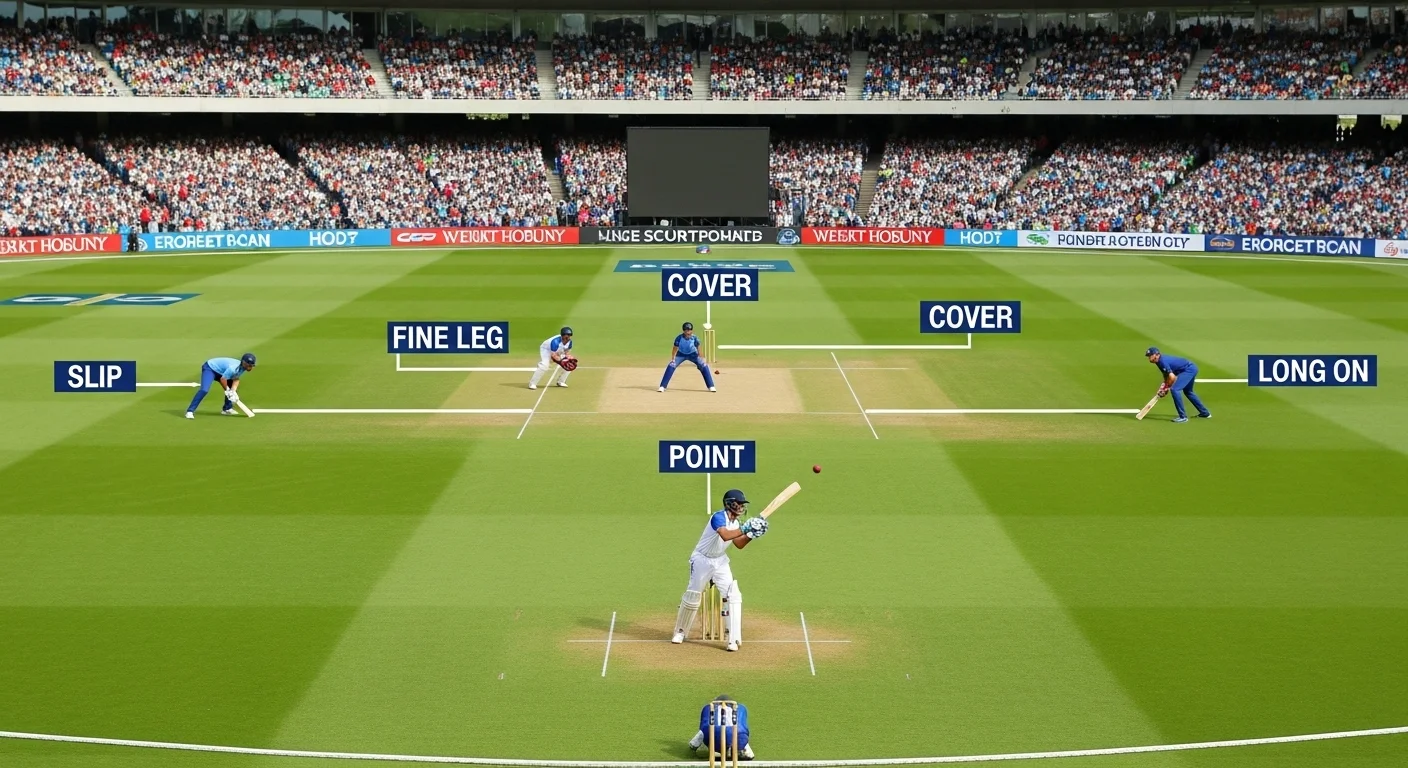 150+ Cricket Riddles with Answers: Test Your Knowledge and Have Fun! 11 Cricket field layout showing fielding positions including slip, fine leg, cover, point, and long on with batsman at crease