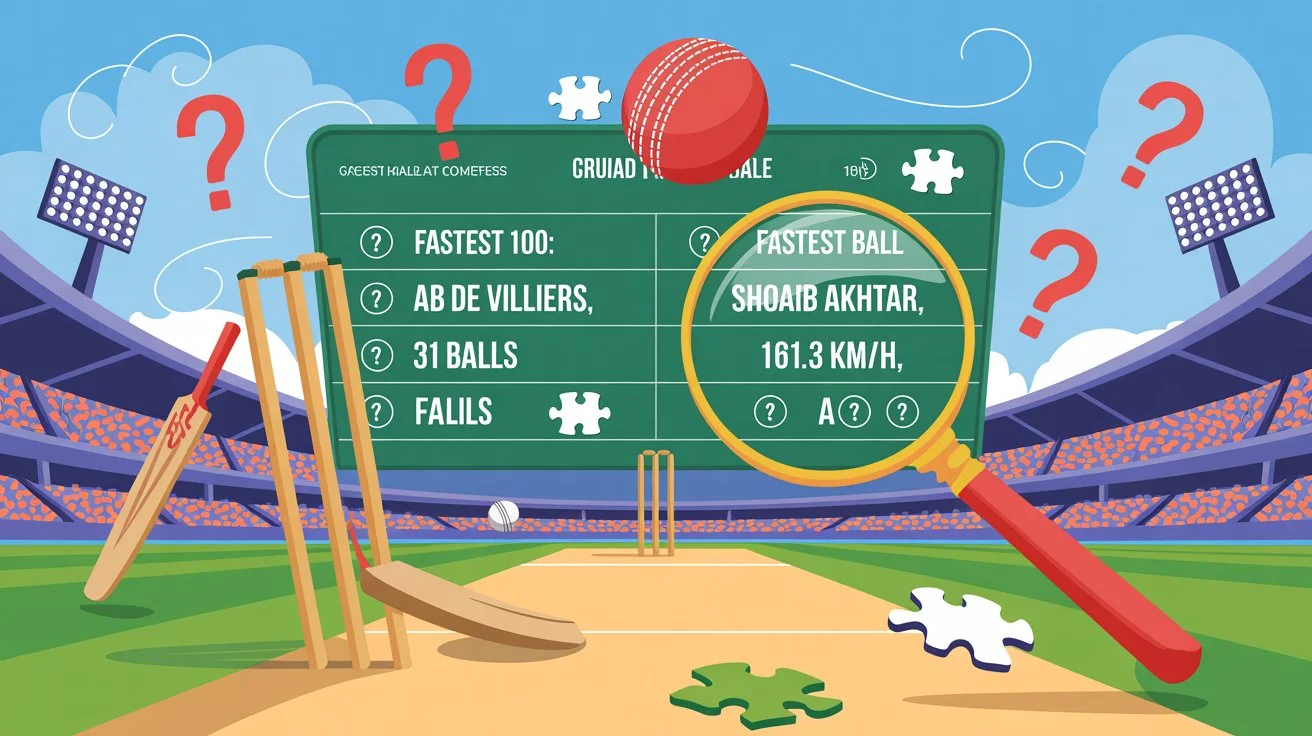 150+ Cricket Riddles with Answers: Test Your Knowledge and Have Fun! 12 Cricket trivia quiz board showing fastest ball record by Shoaib Akhtar at 161.3 km/h with question marks and puzzle pieces