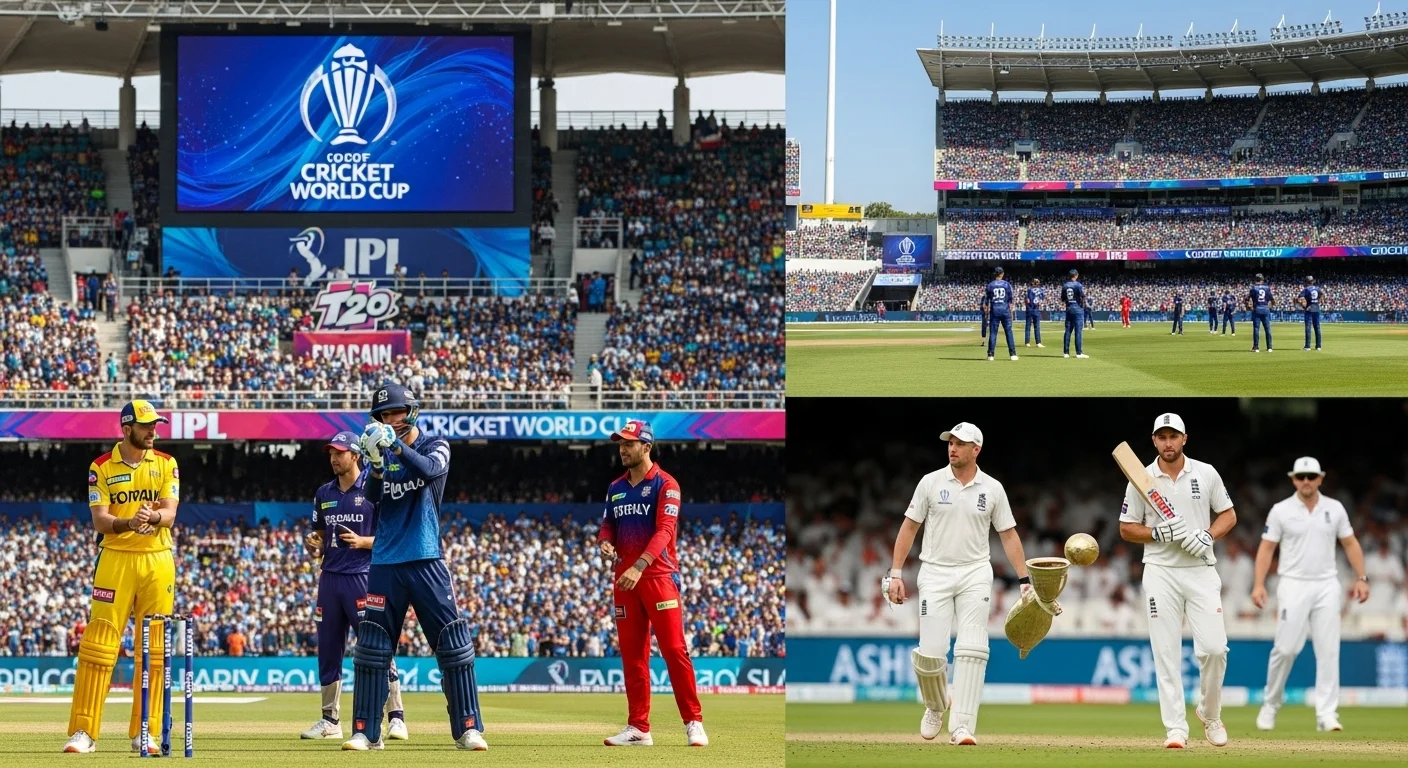 150+ Cricket Riddles with Answers: Test Your Knowledge and Have Fun! 8 Cricket World Cup and IPL stadium scenes showing players, packed crowds and tournament branding