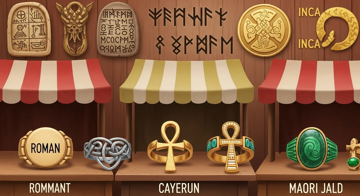 125+ Sparkling Ring Riddles (Can You Solve Them All?) 2 Display of cultural rings from Roman, Norse, Egyptian, and other ancient civilizations with runic inscriptions and traditional designs