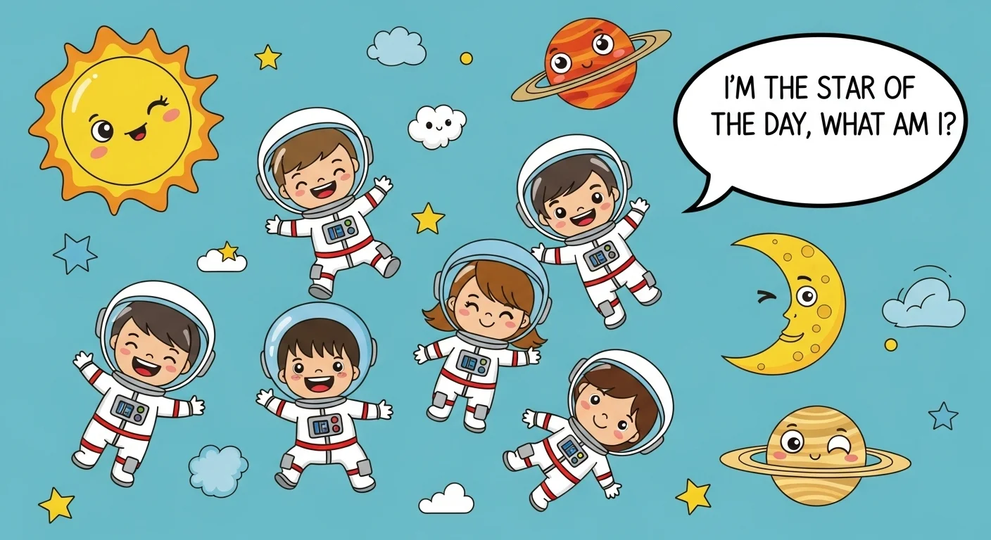 125+ Shining Stars Riddles with Answers: Starry Night Puzzles 1 Adorable cartoon astronauts floating in space with planets asking "I'm the star of the day, what am I?" stars riddles