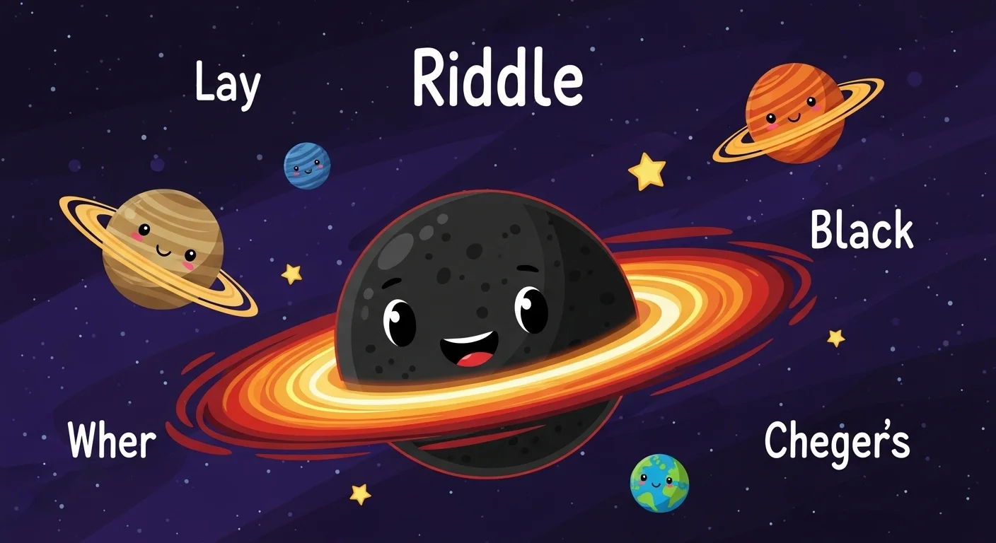 125+ Black Hole Riddles: Stellar Puzzles for Future Astrophysicists 1 Adorable cartoon black hole with glowing accretion disk surrounded by cute planet characters and riddle text in colorful space scene