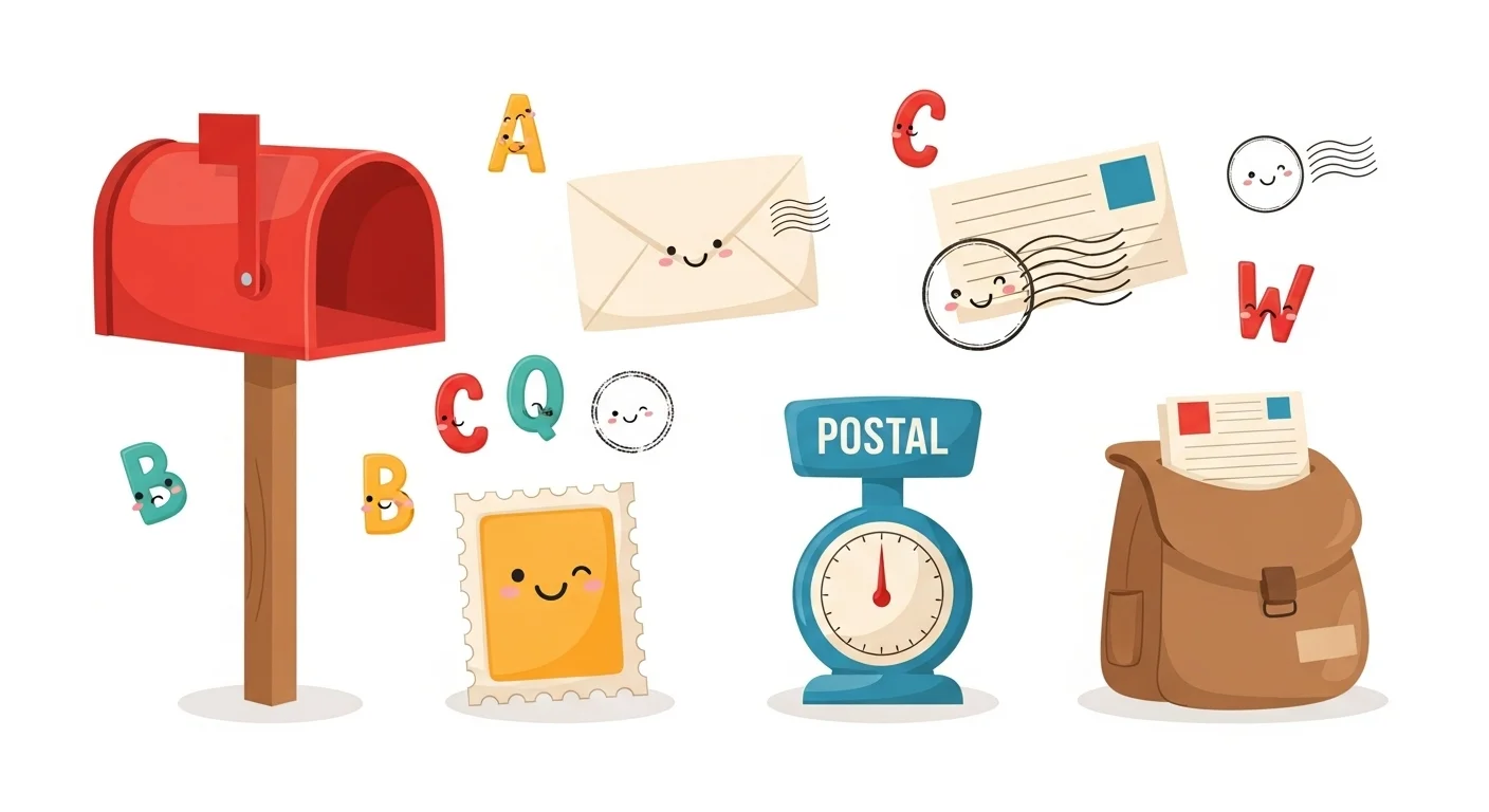 125+ Post Office Riddles to Deliver a Challenge (with Answers!) 1 Colorful cartoon postal service icons including red mailbox, cute letters with faces, postage stamps, postal scale, and mail bag