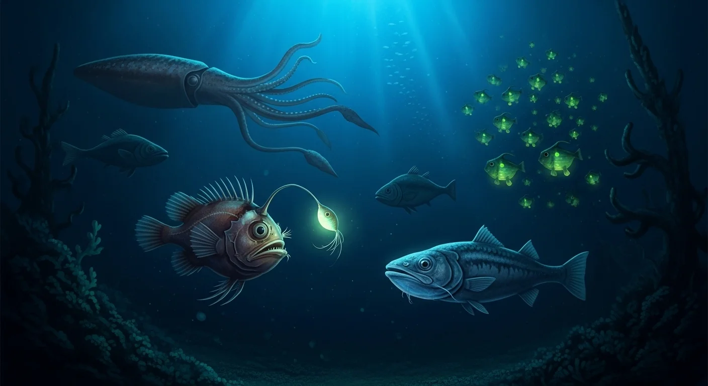 150+ Sea Animal Riddles & Answers to Spark Curiosity and Fun 7 Deep ocean scene with bioluminescent marine life including anglerfish with glowing lure, squid, and school of glowing fish in dark waters
