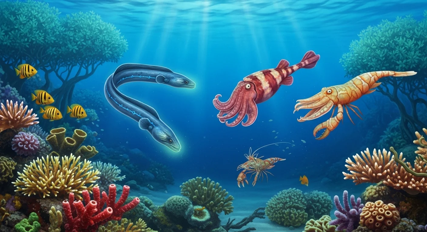 150+ Sea Animal Riddles & Answers to Spark Curiosity and Fun 2 Deep ocean scene showing moray eels, squid, lobster, and small crab among vibrant coral formations