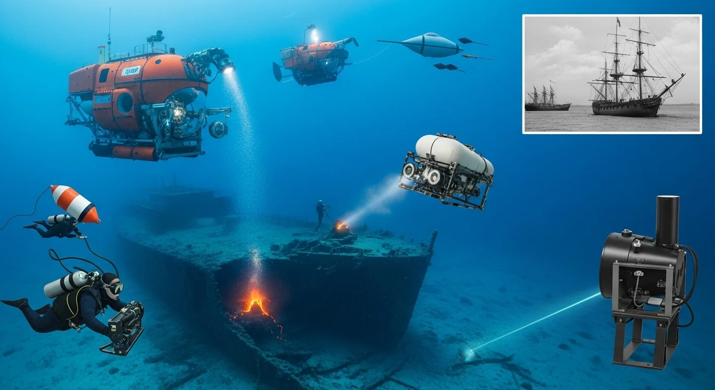 125+ Ocean Riddles & Answers to Challenge Your Mind 7 Various deep-sea exploration equipment including orange submersibles, ROVs, underwater cameras, scuba divers, and historical sailing ship exploring ocean depths with volcanic activity