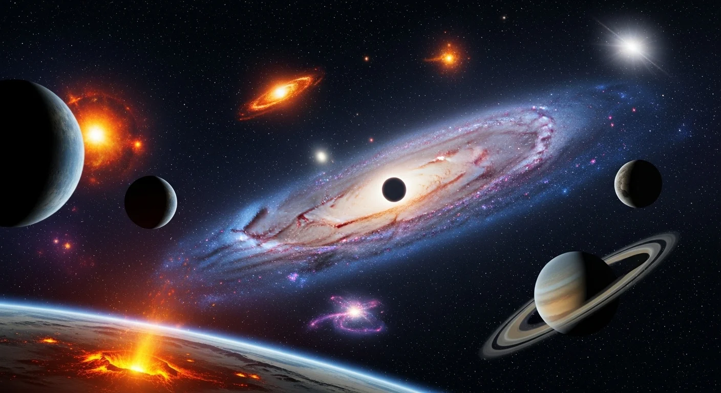 125+ Galaxy Riddles to Spark Your Cosmic Curiosity 2 Deep space scene with multiple galaxies, spiral nebulae, planets and stars in colorful cosmic landscape