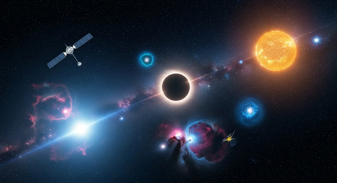 175+ Sky Riddles with Answers: A Journey Through the Celestial Unknown 3 Deep space scene with solar eclipse, bright sun, satellite, colorful nebulae, and cosmic phenomena against starry background