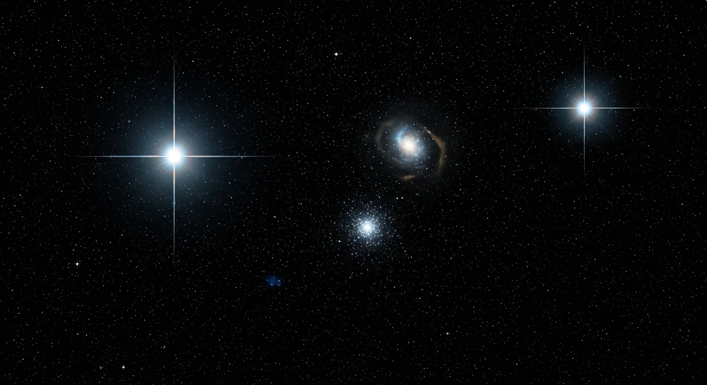 175+ Sky Riddles with Answers: A Journey Through the Celestial Unknown 6 Deep space telescope image showing bright stars with diffraction spikes, distant galaxy, and star cluster against black cosmic background