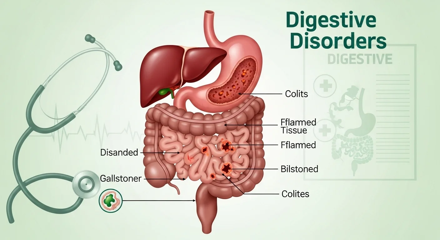 125+ Disease Riddles to Test Your Medical IQ (Answers Inside) 7 Digestive system anatomy showing liver, stomach, intestines with labeled disorders including colitis, gallstones, and inflammation