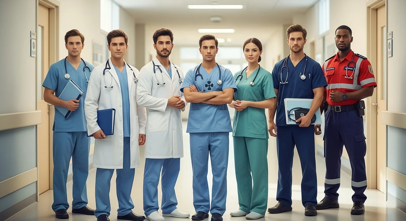 125+ Hospital Riddles with Answers – Healthcare Fun! 2 Group of seven diverse healthcare professionals including doctors, nurses, and paramedic standing in hospital corridor