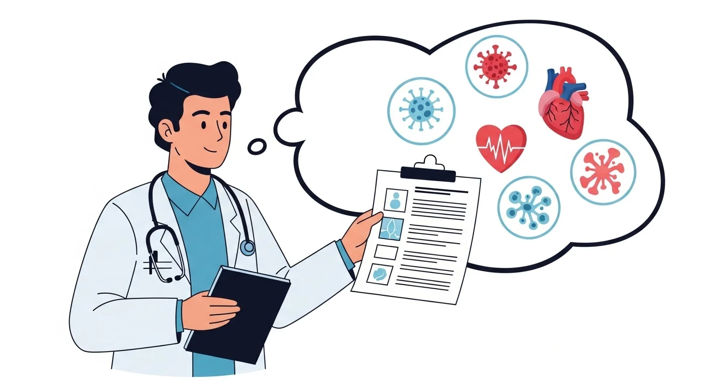 250+ Medical Riddles with Answers: Journey into Medicine 3 Healthcare professional with clipboard thinking about medical concepts including viruses, heart health, and patient care