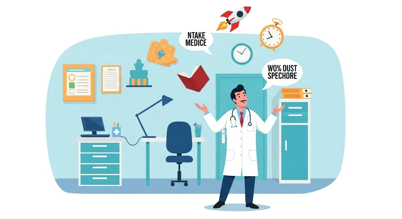 125+ Doctor Riddles with Answers: Educational Brain Teasers 5 Cartoon doctor in medical office with speech bubbles showing "NTAKE MEDICE" and "WO% OUST SPEGHORE" medical riddle puns