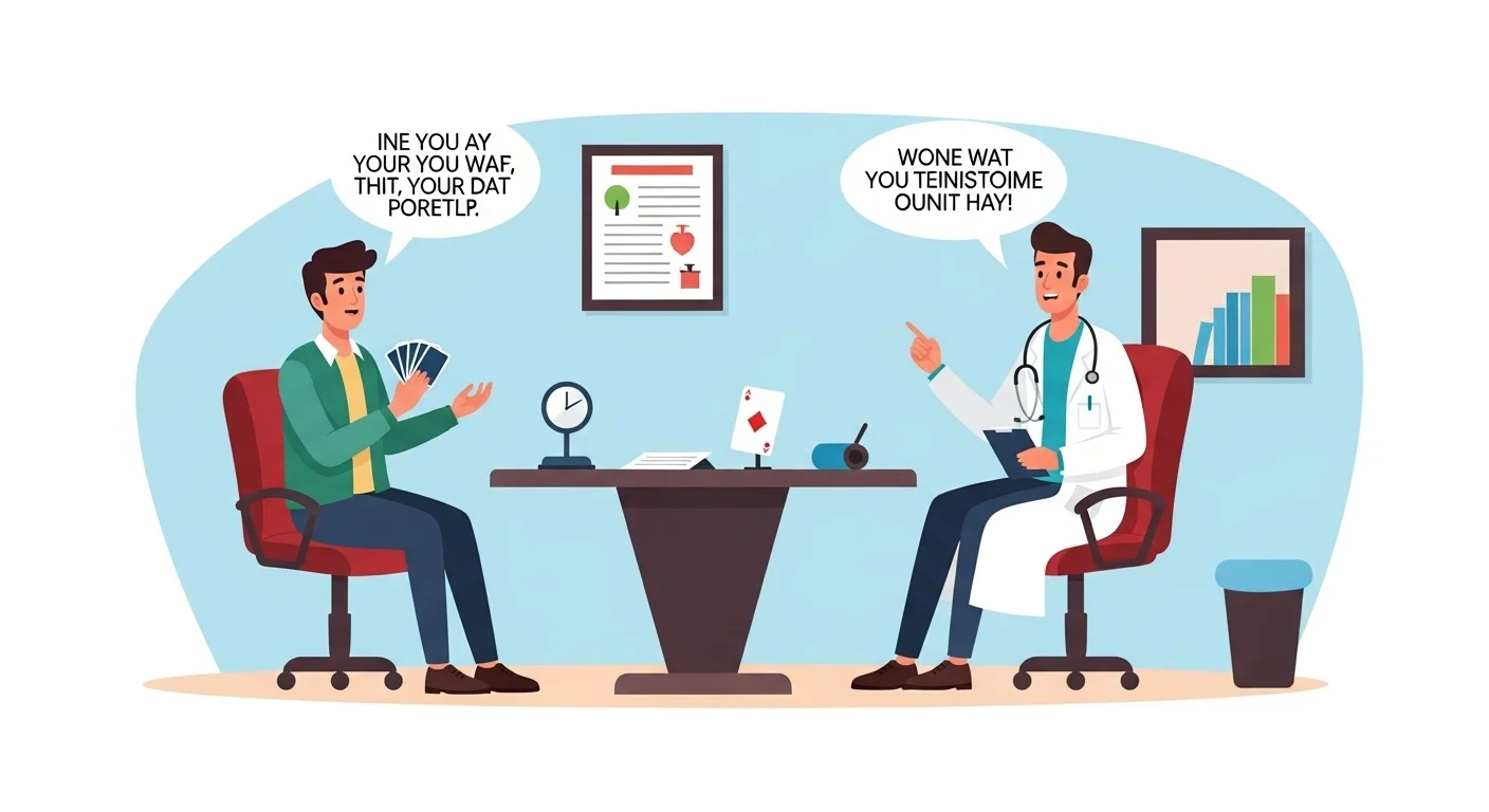 125+ Doctor Riddles with Answers: Educational Brain Teasers 8 Doctor and patient sitting across desk with speech bubbles showing communication difficulties during medical consultation