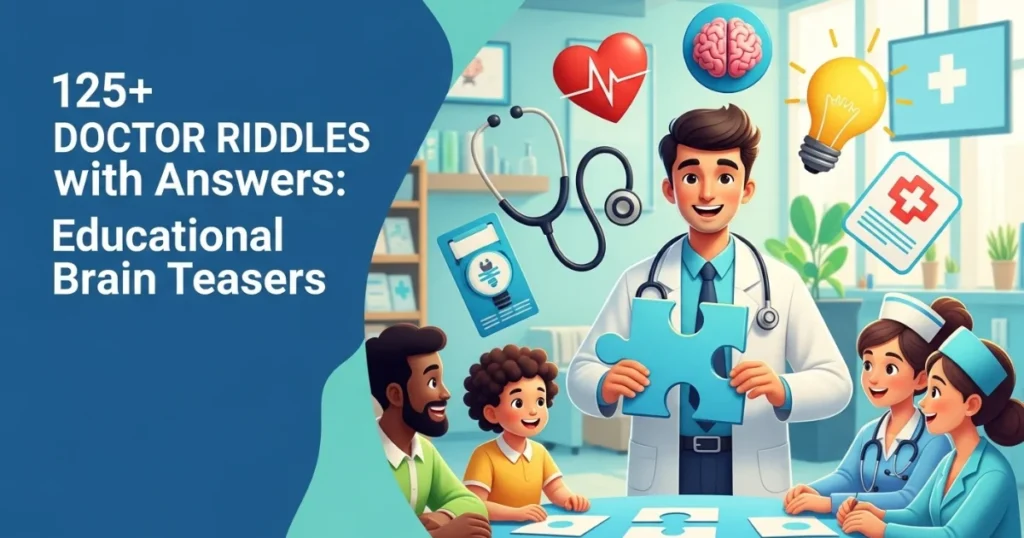Doctor and medical professionals solving educational brain teasers and riddles together in a medical setting