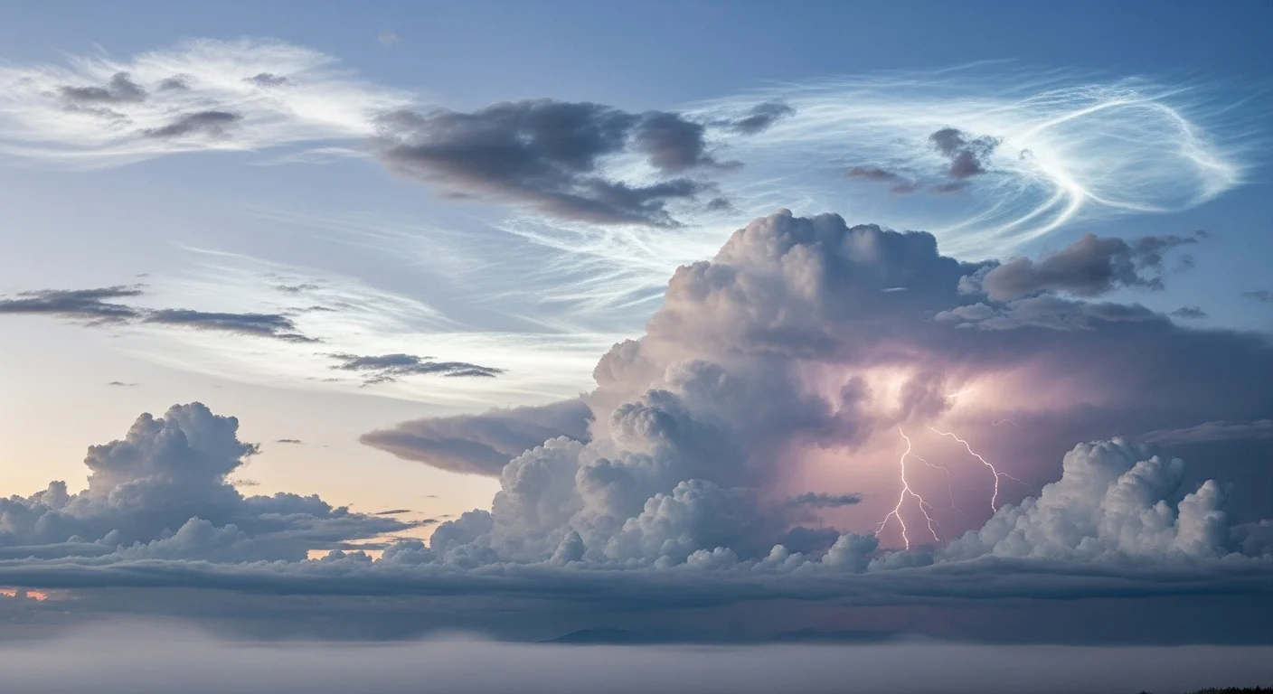175+ Sky Riddles with Answers: A Journey Through the Celestial Unknown 5 Dramatic storm clouds with lightning bolt illuminating purple and pink sunset sky with layered cloud formations