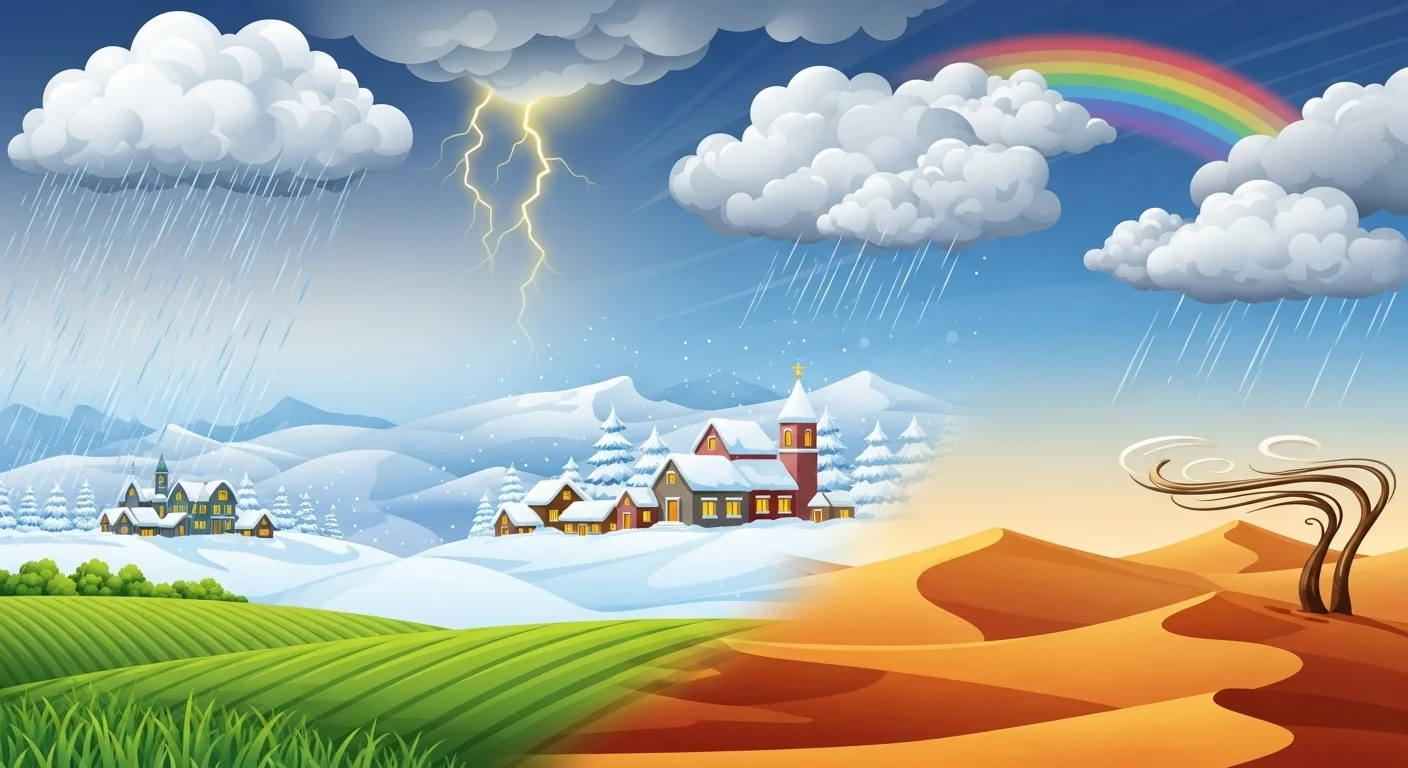 150+ Earth Riddles to Test Your Planet IQ (With Answers!) 3 Diverse Earth climate zones illustration showing seasonal weather patterns, precipitation, lightning, rainbow, and varying landscapes