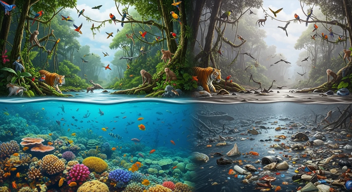150+ Earth Riddles to Test Your Planet IQ (With Answers!) 4 Split image showing pristine rainforest ecosystem with wildlife above water and polluted underwater environment below