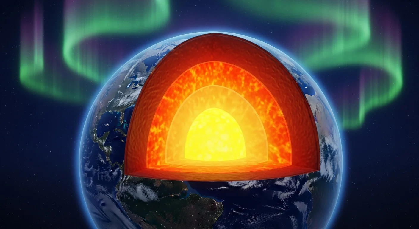 150+ Earth Riddles to Test Your Planet IQ (With Answers!) 9 Cross-sectional view of Earth's internal layers showing crust, mantle, outer core, and inner core with aurora borealis in space background