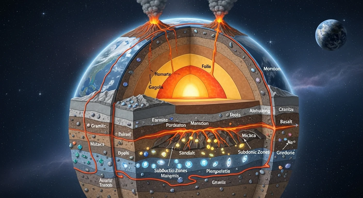 150+ Earth Riddles to Test Your Planet IQ (With Answers!) 2 Cross-section diagram of Earth's internal structure showing core, mantle, crust layers with geological formations and volcanic activity