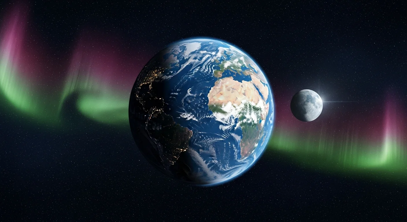 150+ Earth Riddles to Test Your Planet IQ (With Answers!) 5 Earth and Moon from space showing aurora borealis, city lights on night side, and continental features