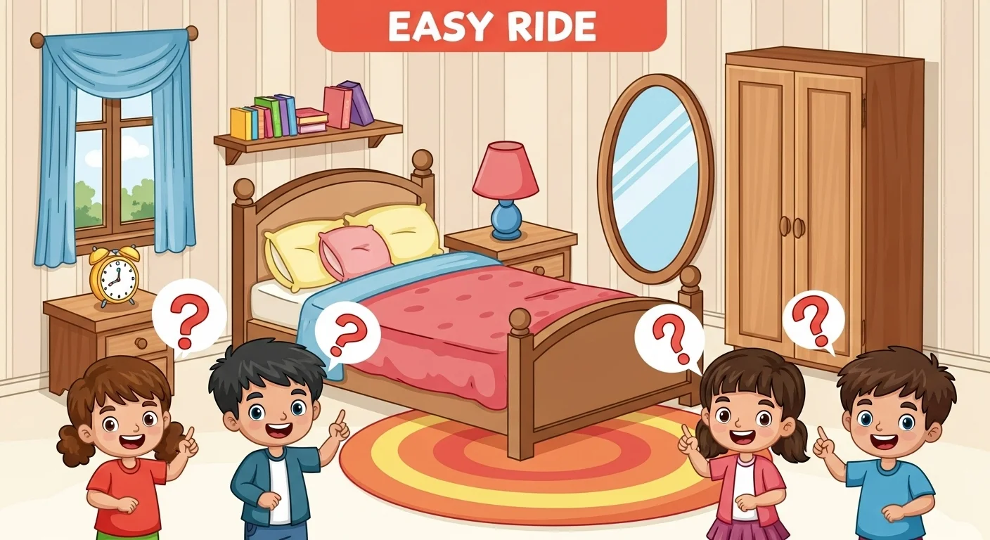 125+ Bedroom Riddles with Answers: Fun and Engaging Puzzles 1 Four happy children pointing with question marks in colorful bedroom setting with bed, mirror, and wardrobe