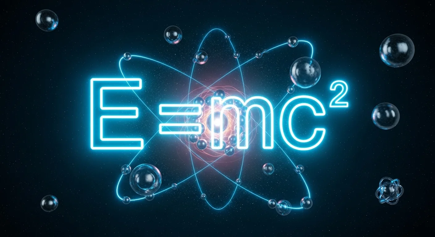 125+ Nuclear Weapon Riddles (Atomic Bomb Trivia & Answers) 3 Einstein's E=mc² equation with glowing atomic model and orbital electrons in blue neon lighting