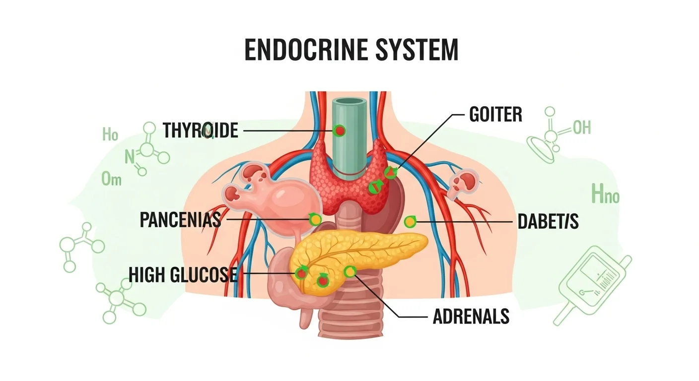 125+ Disease Riddles to Test Your Medical IQ (Answers Inside) 4 Endocrine system anatomy showing thyroid, pancreas, adrenals and other hormone-producing glands with diabetes indicators