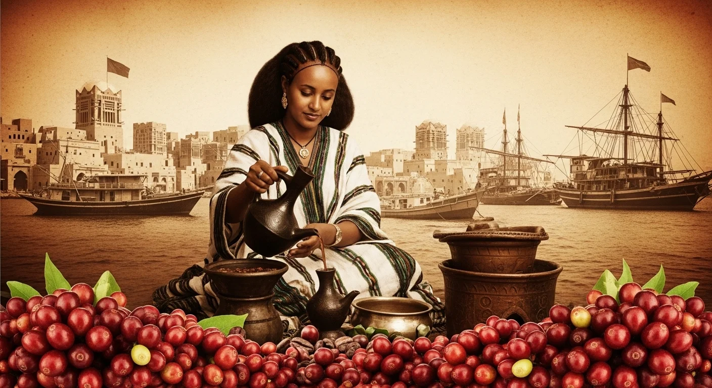 125+ Coffee Riddles with Answers: A Brew of Brain Teasers for Coffee Lovers 13 Ethiopian woman in traditional dress performing coffee ceremony with fresh coffee cherries and ancient port city background