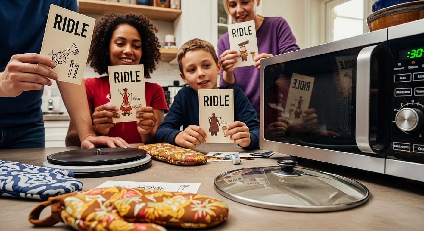 Multi-generational family playing microwave riddle games together in modern kitchen with riddle cards