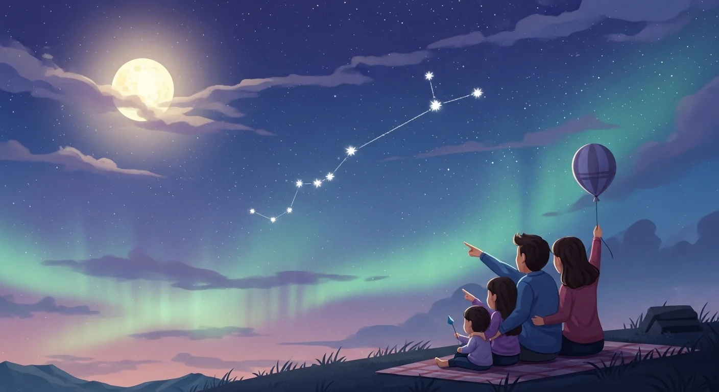 175+ Sky Riddles with Answers: A Journey Through the Celestial Unknown 2 Family of four sitting together looking up at night sky with constellation, full moon, aurora lights, and floating balloon