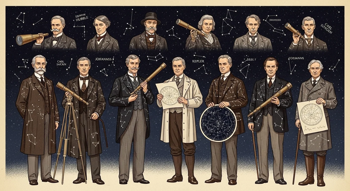125+ Shining Stars Riddles with Answers: Starry Night Puzzles 12 Historical portraits of famous astronomers including Hubble, Sagan, Kepler and others holding telescopes and star charts