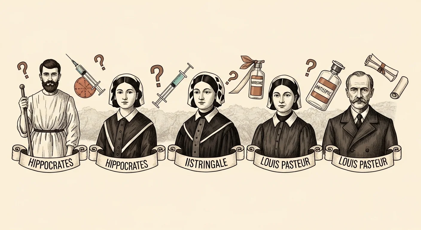 250+ Medical Riddles with Answers: Journey into Medicine 7 Historical medical figures including Hippocrates, Florence Nightingale, and Louis Pasteur with medical instruments and question marks