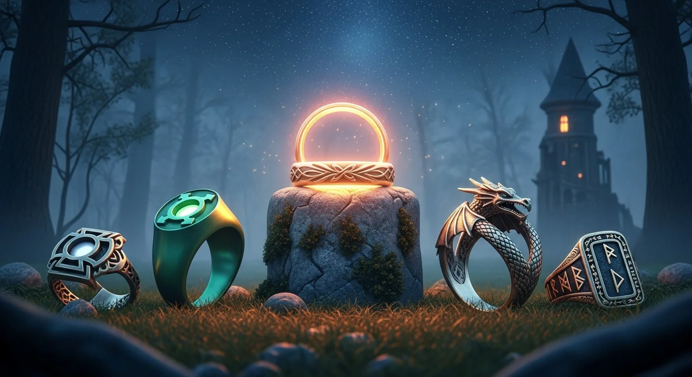 125+ Sparkling Ring Riddles (Can You Solve Them All?) 1 Mystical fantasy rings including dragon ring and magical bands arranged around glowing stone altar in enchanted forest