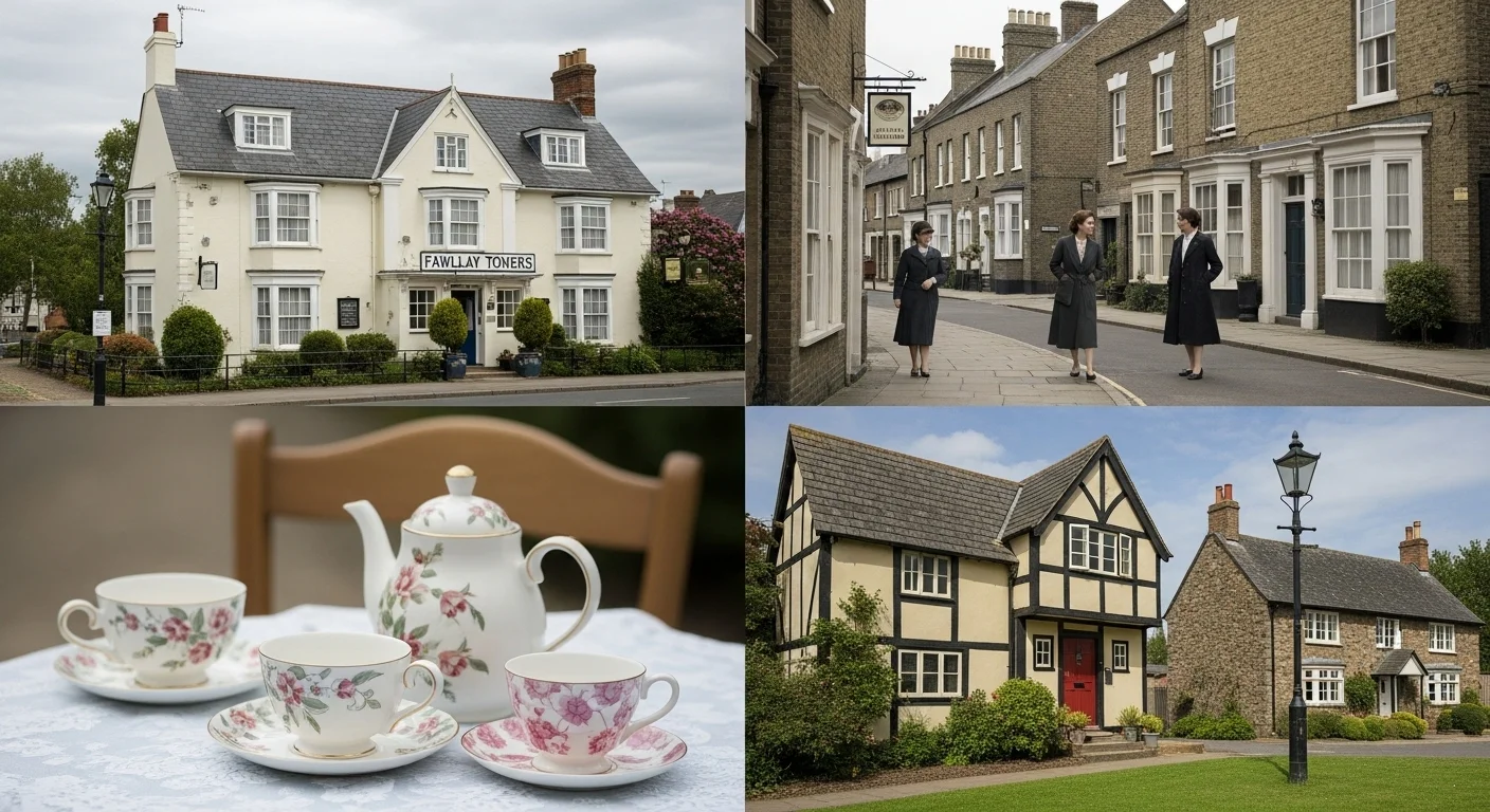 125+ Television Riddles to Test Your Show Knowledge (Answers) 13 British period drama filming locations showing Fawlty Towers hotel, Victorian women in dark dresses, tea set, and Tudor-style houses