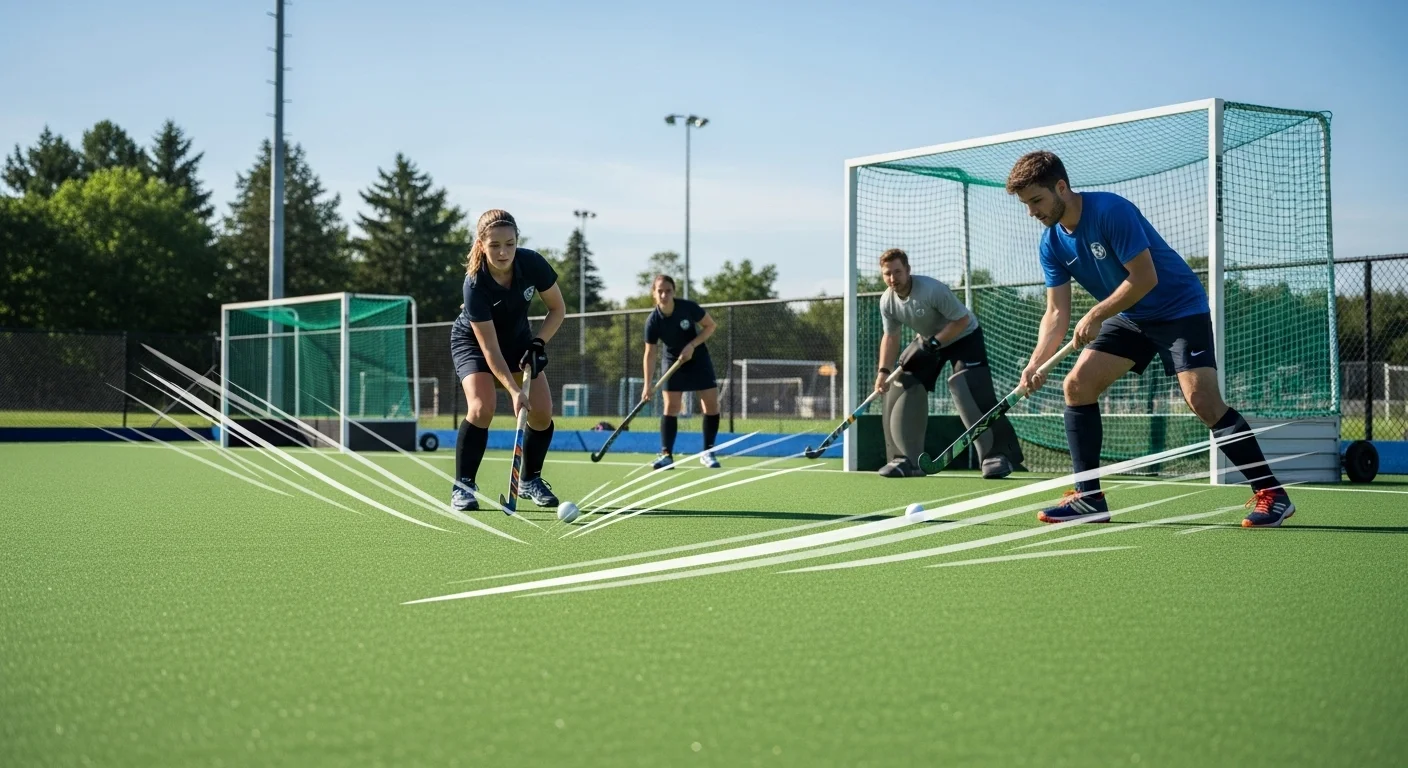 125+ Hockey Riddles with Answers to Challenge Your Mind 3 Field hockey players in action on outdoor turf field with hockey sticks and ball